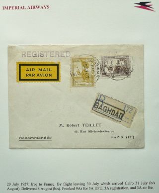 Iraq 29 Jul 1927 Regist.  Airmail Cover From Baghdad Via Cairo To Paris,  France