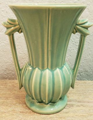 Mccoy Double Handle Teal Green 9 " Ribbed Vase Signed