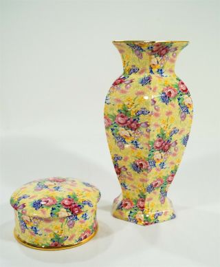 Royal Winton Grimwades Welbeck 1995 Chintz 9 " Hexagonal Vase & Round Covered Box