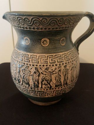 Vintage Greek Art Pottery Jug Vase Dark Green Figural Design Greece Folk Art 7 "