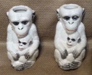 Two 2 Vintage Art Pottery Ceramic Italian Italy Monkey Candlesticks Set