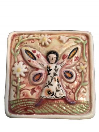 Pewabic Artist Marcia Hovland Pottery Tile Fairy Butterfly 3.  25”