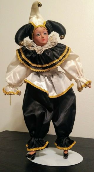 Vintage Porcelain Jester Doll With Stand Black/white With Gold Trim 17 " Long