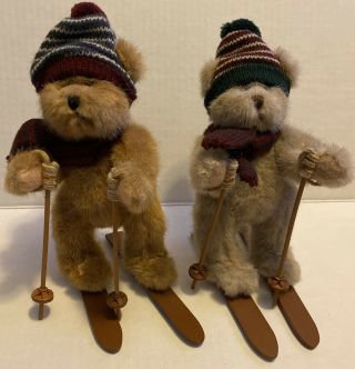 2 Russ Bears 7 " Brown & Light Grey " Mogul " Teddy Bears W/ Skis - Skiing Plush Vgc