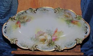 Antique Rs Prussia Oval Bowl Gold Trim & Moriage Hand Painted Flowers