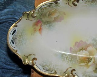 antique RS Prussia oval bowl gold trim & moriage hand painted flowers 2