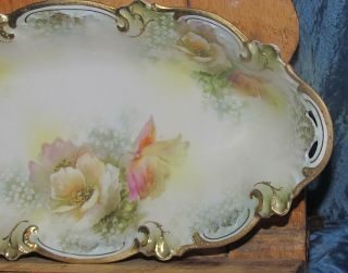 antique RS Prussia oval bowl gold trim & moriage hand painted flowers 3