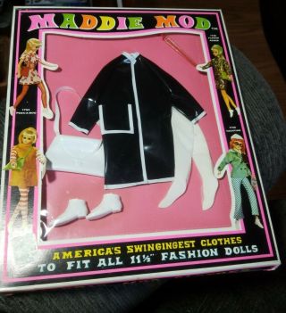 Vintage Barbie Clone Maddie Mod Black And White Raincoat With Package