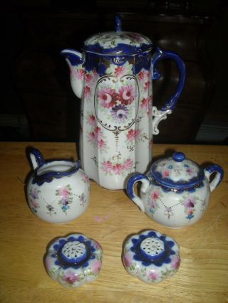 Vintage Unbranded Tea Coffee Pot Set Cobalt Blue Cream Sugar Salt Pepper