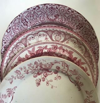 4 Curated Mismatched China & Ironstone Dinner Plates Pink Red Transferware