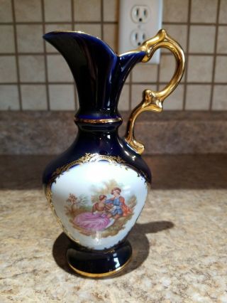 Vintage Limoges Castel France Porcelain Hand Painted Cobalt Blue Gold Vase