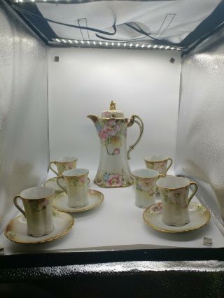 Nippon Hand - Painted Chocolate Pot W Ith 6 Cups & 5 Saucers