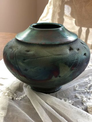 By Artist Lois Gress Neal Raku Fired Earthenware Pottery Vase Jar Vessel 5.  5”