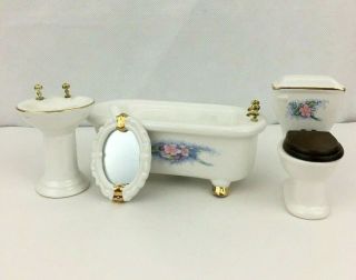 4 Piece Dollhouse Furniture Porcelain Bathroom Set Toilet,  Tub,  Sink,  And Mirror
