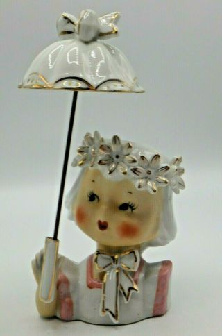 Vintage Napco Porcelain Lady Head Vase White Pink Gold With Umbrella Marked