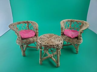 Vintage Doll Furniture 2 Wicker Chairs With Table Comes With 2 Cushions