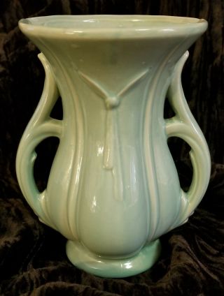Vtg Mccoy Pottery Aqua Turquoise Double Handled Flower Vase Usa