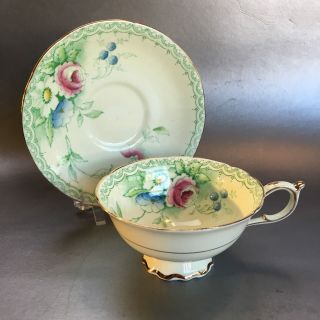 Antique Paragon Green Teacup & Saucer Floral Art Deco 1935 Vintage England China