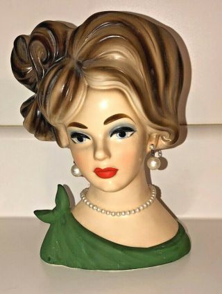 Vintage Napcoware Napco C7294 Lady Head Vase Green Outfit Pearls