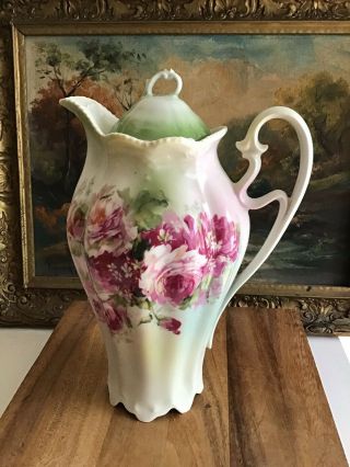 Antique Rs Prussia Pink Rose Footed Chocolate Pot