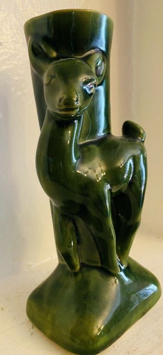 Van Briggle Pottery Emerald Green Planter/Vase With Deer Fawn Figure 2