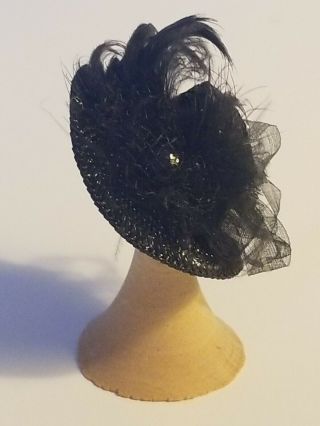 1:12 Scale Dollhouse Miniatures Black Straw Ladies Hat w/Feathers&Taffeta Ribbon 2
