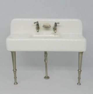 Antique Reutter Porcelain Kitchen Sink With Accessories Dollhouse Miniature 1:12