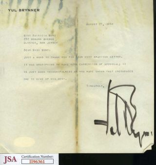 Yul Brynner Jsa Signed 1954 Letter Autograph