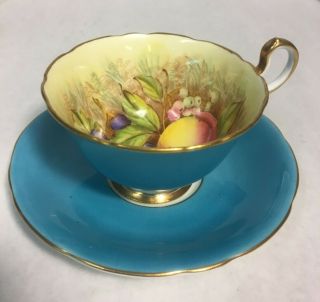 Aynsley Bone China England Teacup And Saucer C431 Fruit Turquoise Gold Peaches