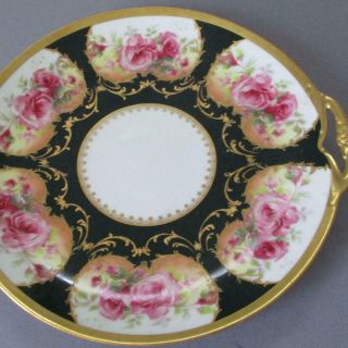 Antique Limoges 12 " Porcelain Cake Plate Pink Roses Open Handles Gilt Accents