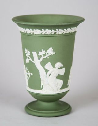 Wedgwood Cream Color On Celadon Green Jasperware Vase 5 " Oakleaf & Muses