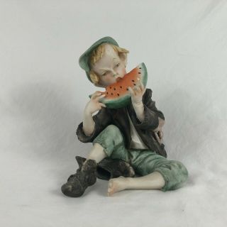 Bruno Merli Signed Capodimonte Bisque Porcelain Figurine Boy Eating Watermelon