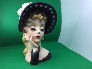Vintage Napco Ceramic Lady Head Vase Black Hat 7 1/2 " Tall S348b