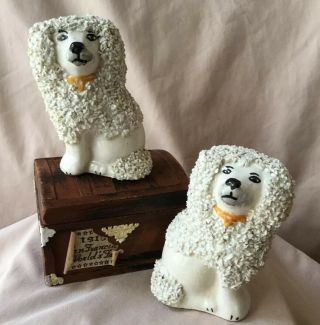 2 Pair Antique Staffordshire Pottery Spaniel Dog Mantle Figurines Signed