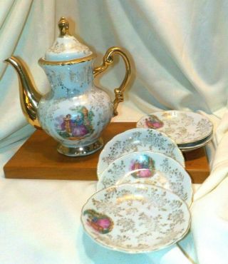 Vintage French Or English Porcelain Tall Teapot Gold Accent Rim Plus 6 Saucers
