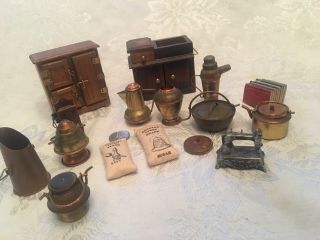Vtg 15 Miniature Dollhouse Artisan Metal Wood Country Store Furniture Items