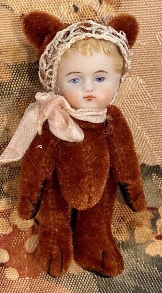 Antique 3 1/2 " Parian Doll Head Mounted On Teddy Bear,  Doll Accessory