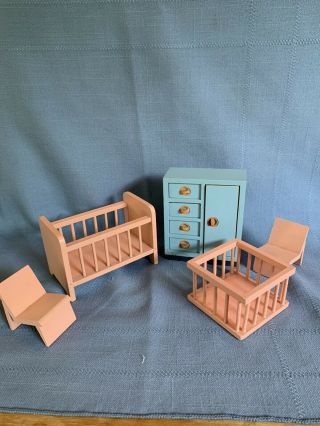 Vintage Wood Dollhouse Furniture Germany Pink Baby Nursery Crib Play Pen Dresser