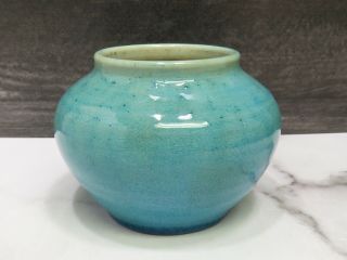 Pisgah Forest Pottery Turquoise Bulbous Blue Vase Squat Pot North Carolina 1938
