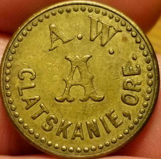 Old Clatskanie,  Oregon Trade Token A.  W.  " A " Good For 5 Cents Brass 21 Mm.