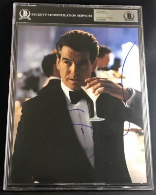 Pierce Brosnan James Bond 007 Spy Signed 8x10 Photo Beckett Bas W/ Martini Glass