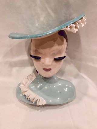 Vintage Betty Lou Nichols 5 1/2” Head Vase “nellie” Pastel Blue Polkadot