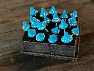 Vintage Miniature Dollhouse Artisan Halloween Crate Sculpted Blue Toadstools