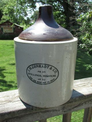 1900s Redwing 3 Gallon Stoneware Whiskey Jug - J.  H.  Conradt & Co,  Stillings,  Mo