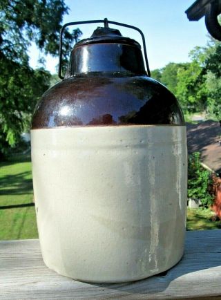 Old Brown/gray Antique Glazed Stoneware Crock W/ Wire Bail Embossed Lid