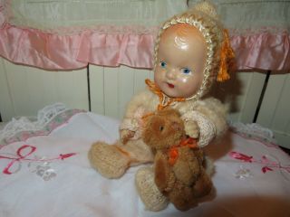 Antique Vintage Composition Baby Doll Strung 8 " Mohair Outfit - Adorable