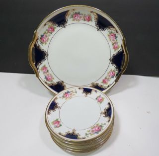 Nippon Hand Painted Cake Set Cobalt Blue Gold Roses 6 Dishes 1 Cake Plate