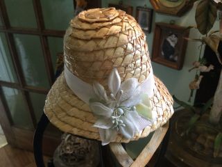 Vintage Straw Raffia Doll Hat With Velvet Millinery Flowers & Satin Ribbons