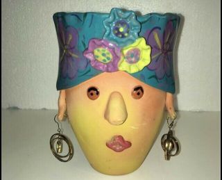Pending Terra - Cotta Pottery Head Vase Woman With Earrings By Bird Brain Inc