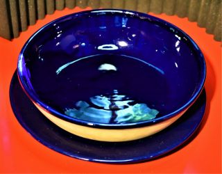 Vintage Western Great American Stoneware Pottery Cobalt Blue Bowl W/ Charger 2.  3